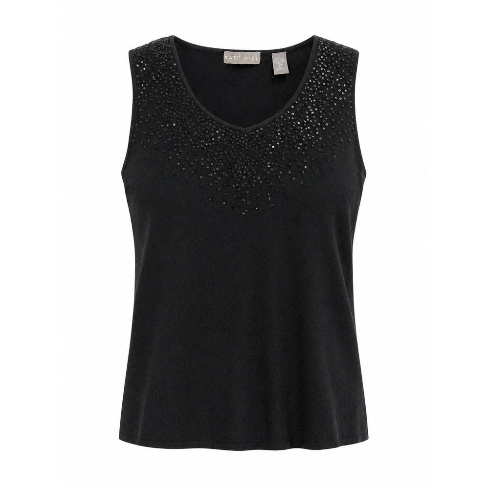 Kate Hill Womens‎ XL Black Silk Cotton Blend Sequin V-Neck Knit Tank Top Shell